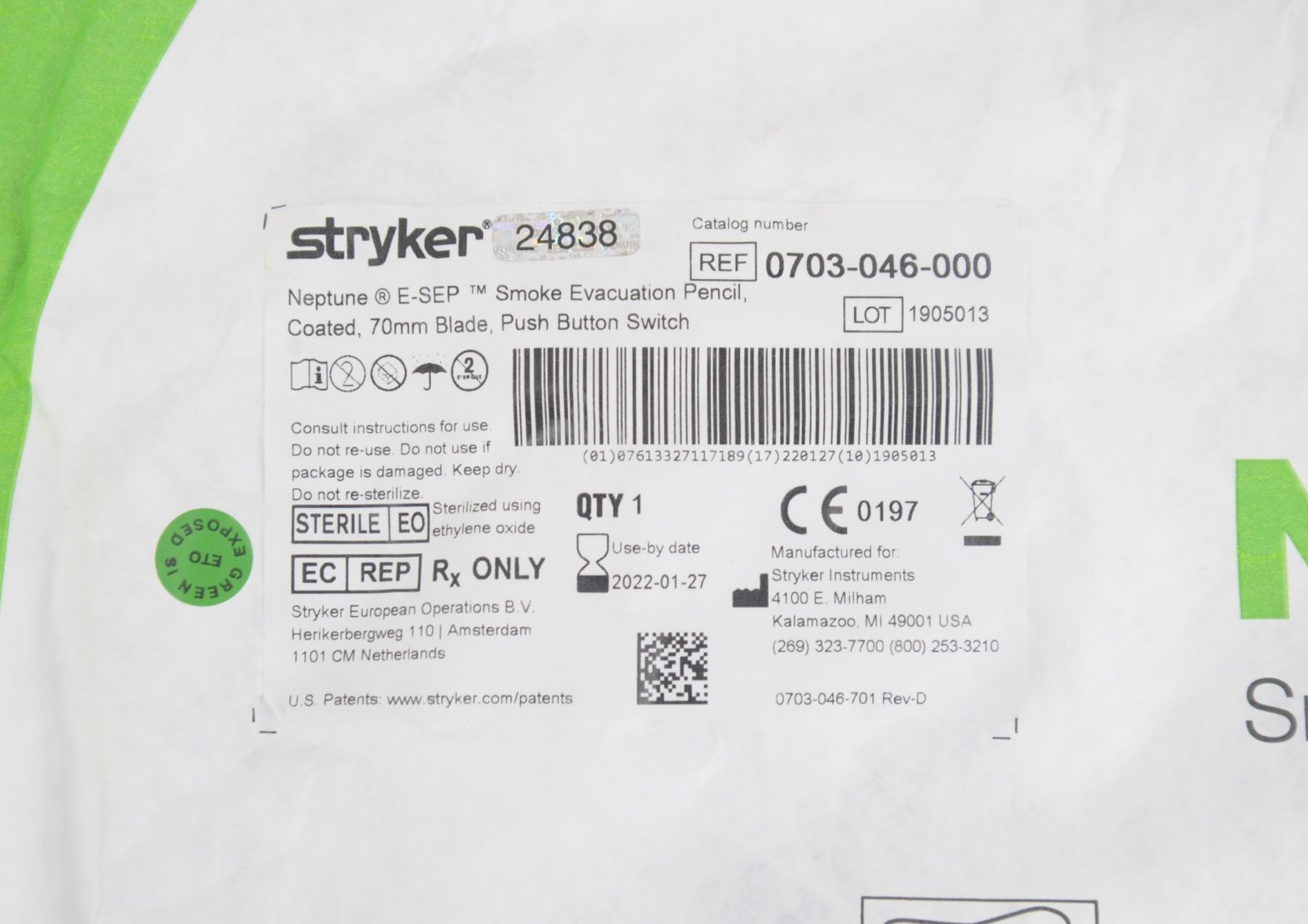 New Stryker Neptune E-sep Smoke Evacuation Pencil 70mm Blade Ref 0703 