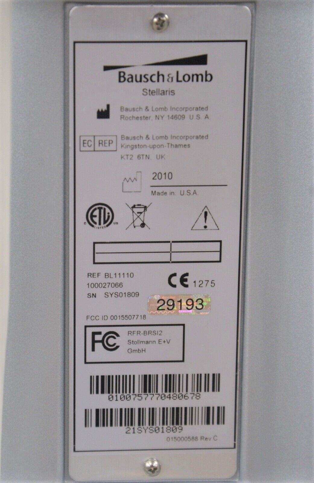 Bausch & Lomb Stellaris BL11110 Phacoemulsification System w Foot Control  BL2390