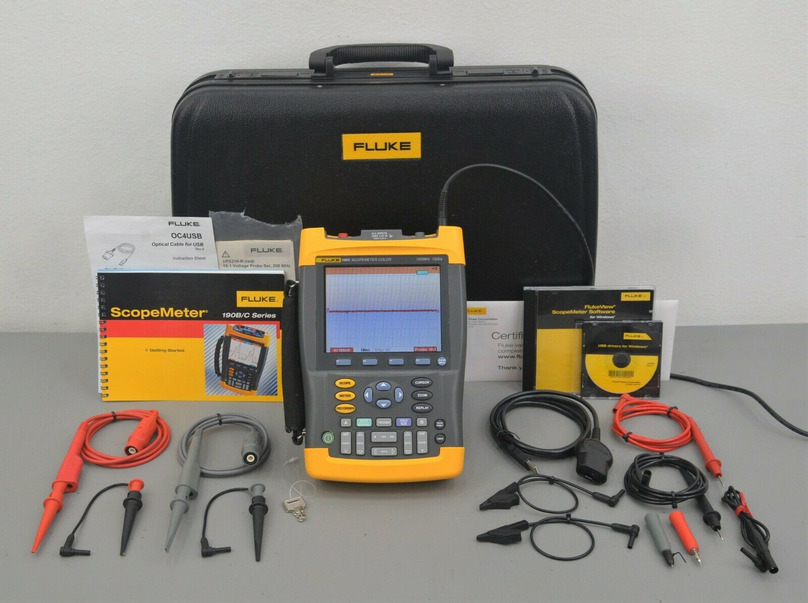 Fluke 196C Scopemeter Color 1GS/s Dual-Input 100MHz Oscilloscope w/ Leads &  Case